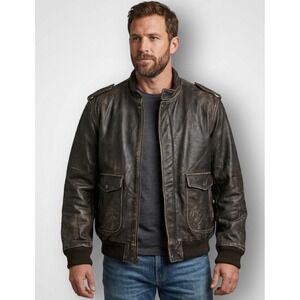 OLD NAVY Vintage Men Distressed Brown Leather Bomber Flight Jacket Coat Size XXL